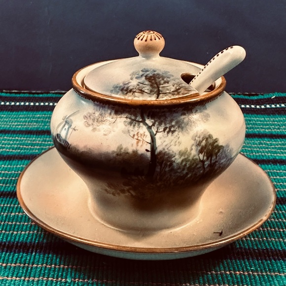 VTG Noritake Sugar Bowl Spoon Jelly Jam Mayonnaise Covered Attached Plate Japan - Picture 5 of 9